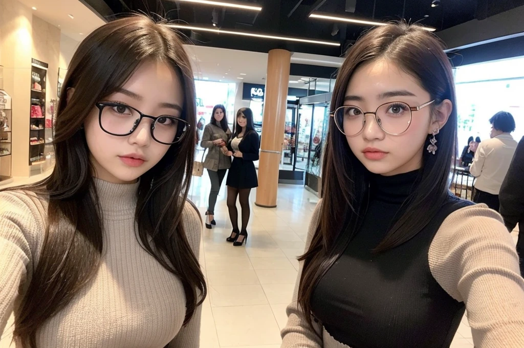Indonesian girl 17-year-old Hairstyle Casual, F Cup Breasts wearing crewneck dress and selfie with her friend which use glasses at mall