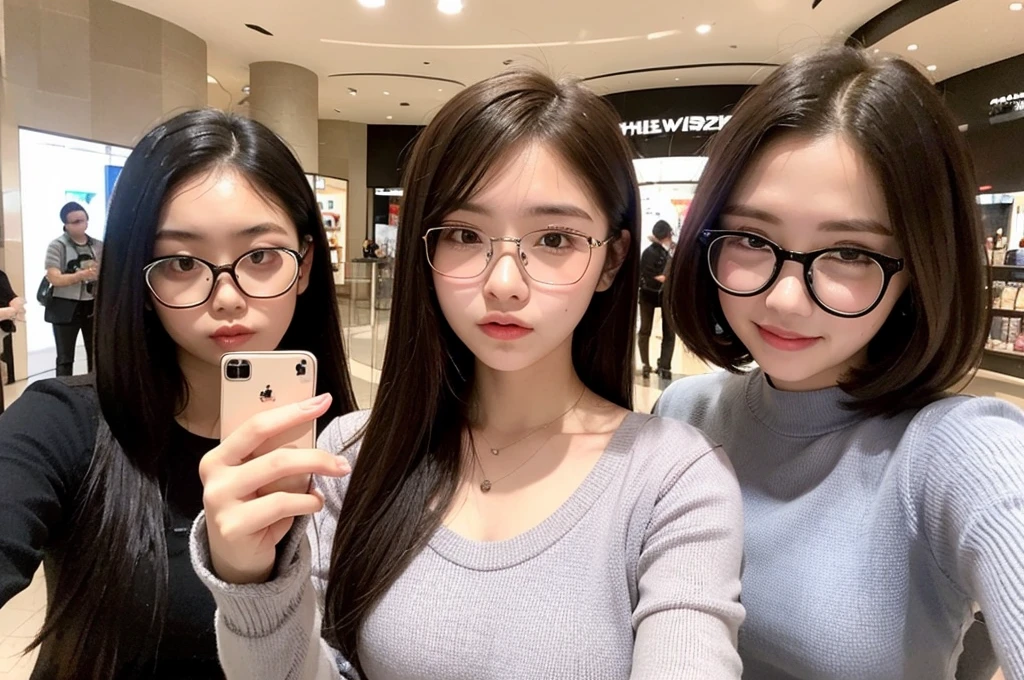 Indonesian girl 17-year-old Hairstyle Casual, F Cup Breasts wearing crewneck dress and selfie with her friend which use glasses at mall