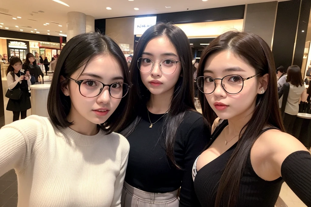 Indonesian girl 17-year-old Hairstyle Casual, F Cup Breasts wearing crewneck dress and selfie with her friend which use glasses at mall