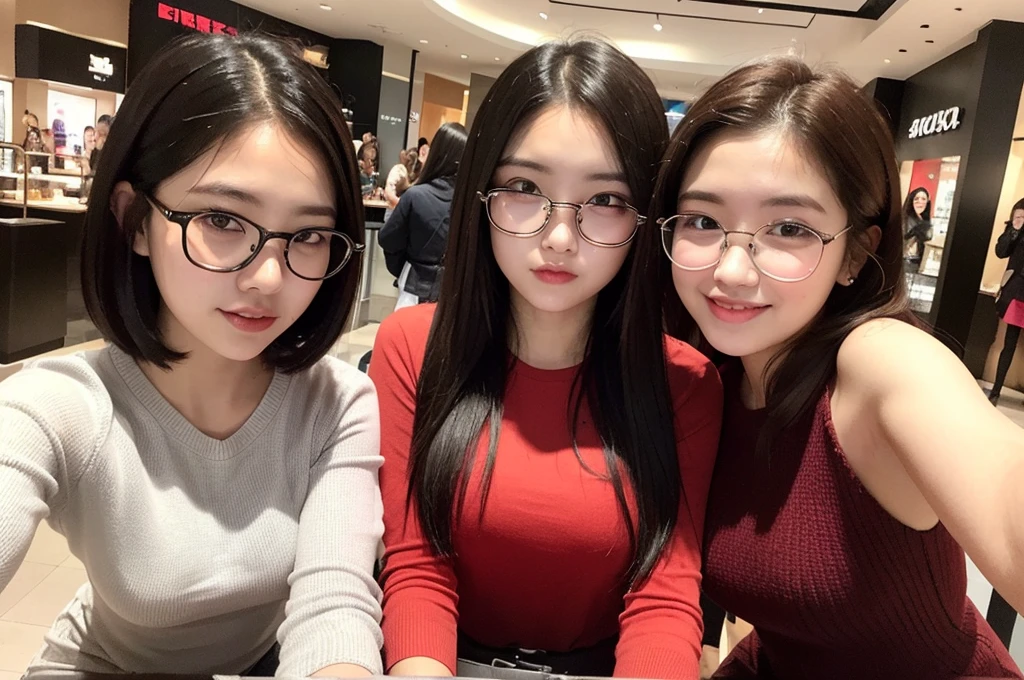 Indonesian girl -yeld  Hstyle Casual, F Cup Breasts  wearing  crewneck dress  and selfie with her friend which use glasses at mall