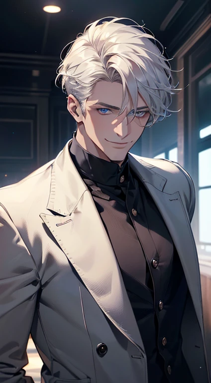 (best quality, masterpiece, 8K, photorealistic, cinematic lighting, 1:4 hdr image, ultra detailed, beautiful image), a mature man, 34 years very handsome, ((cold expression smile in love)), short white hair, blue eyes, face perfect without mistakes, ((buttoning his jacket, CEO)), smile.