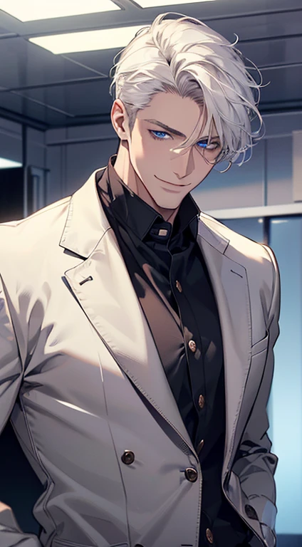 (best quality, masterpiece, 8K, photorealistic, cinematic lighting, 1:4 hdr image, ultra detailed, beautiful image), a mature man, 34 years very handsome, ((cold expression smile in love)), short white hair, blue eyes, face perfect without mistakes, ((buttoning his jacket, CEO)), smile.