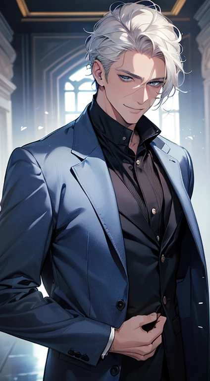 (best quality, masterpiece, 8K, photorealistic, cinematic lighting, 1:4 hdr image, ultra detailed, beautiful image), a mature man, 34 years very handsome, ((cold expression smile in love)), short white hair, blue eyes, face perfect without mistakes, ((buttoning his jacket, CEO)), smile.