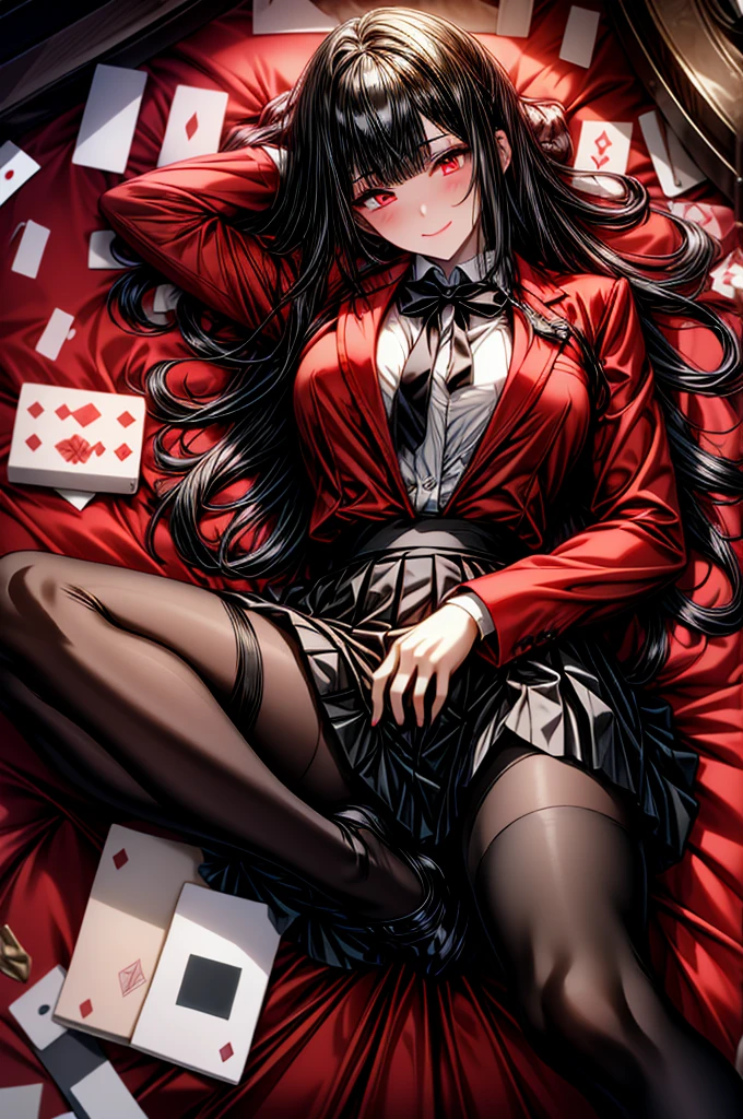 One girl, Long Hair, Blunt bangs, Red eyes, , Red jacket, Black Pantyhose, White shirt, Black Ribbon, Pleated skirt, Long sleeve,Happy,Happy face, Open your mouth,smile,Sexy face,(Blushed:1.3),Red face,breathe, heavy breathe,psycho smile,gone crazy,View your viewers,classroom,masterpiece,Highly detailed CG Unity 8k wallpaper, Highest quality,32K,Sharpen your focus, Lie face up on the floor