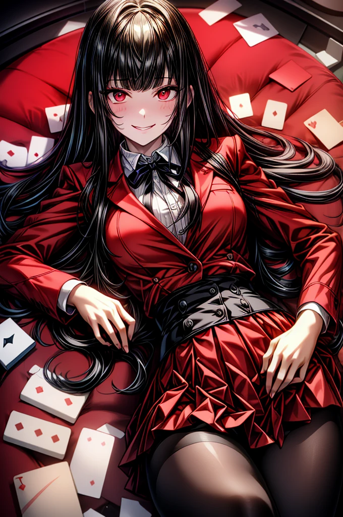 One girl, Long Hair, Blunt bangs, Red eyes, , Red jacket, Black Pantyhose, White shirt, Black Ribbon, Pleated skirt, Long sleeve,Happy,Happy face, Open your mouth,smile,Sexy face,(Blushed:1.3),Red face,breathe, heavy breathe,psycho smile,gone crazy,View your viewers,classroom,masterpiece,Highly detailed CG Unity 8k wallpaper, Highest quality,32K,Sharpen your focus,  Lie face up on the floor