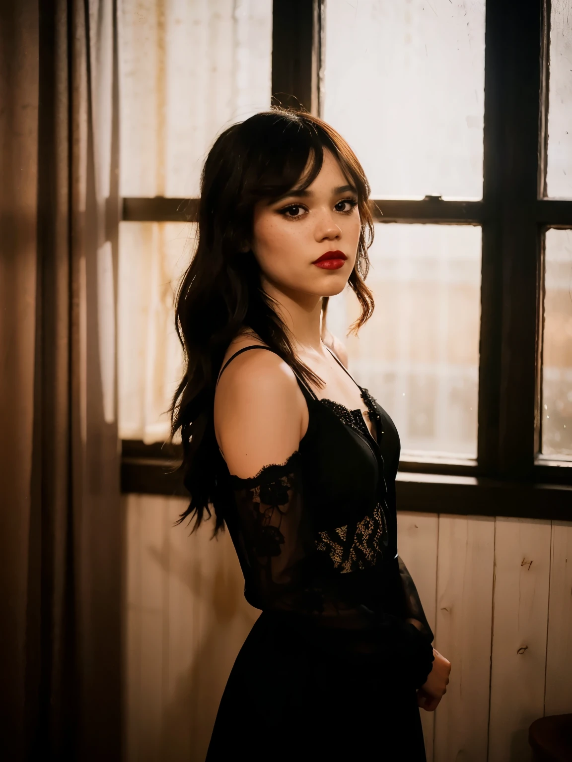 jenna_ortega wearing a black lace dress with bare shoulders, long hair, red lipstick, eyeliner, 
upper body, background: Old room, wooden finishes, large round window, day, bright lights.