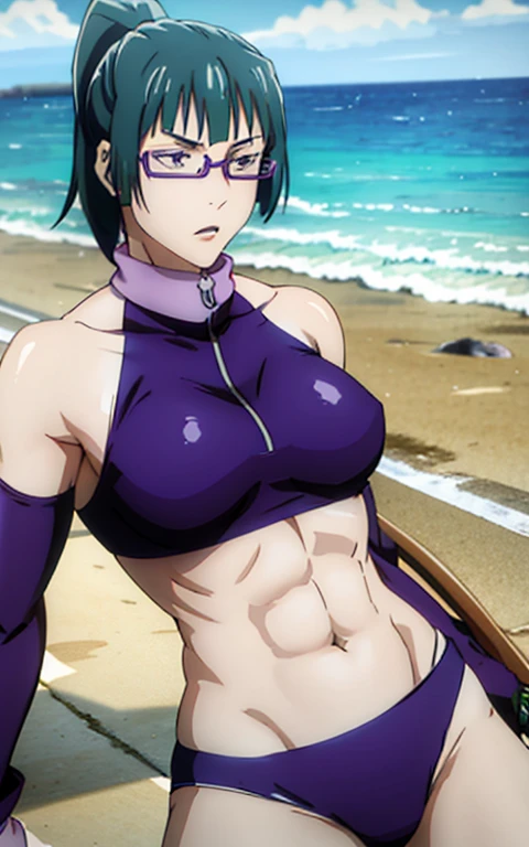 Maki Zenin, blue bikini, curved, dark green hair, well proportioned, muscular, large thighs, medium chest. purple glasses, beach background