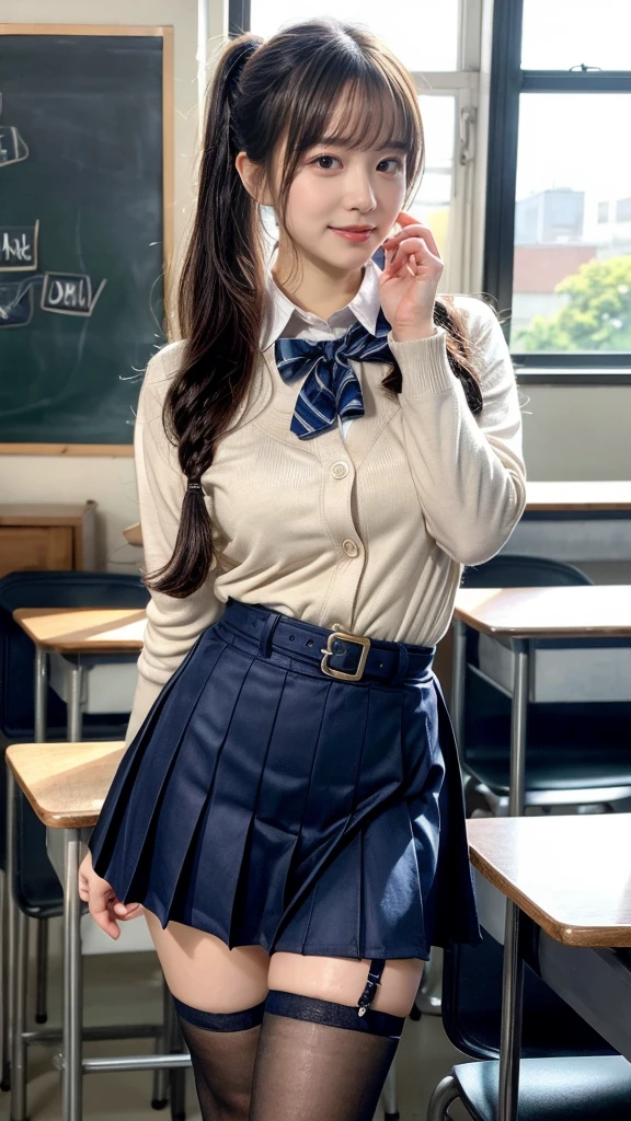 masterpiece, best quality, illustration, Super detailed, fine details, High resolution, 8K,wall paper, perfect dynamic composition,(Details High quality, realistic depiction of eyes:1.3), High School Classroom、High school girl uniform、Cardigan、Super Short Check Uniform Skirt、Navy blue high socks、garterbelts、Colossal tits、Disturbed uniform, ponytail, black hair color, Big Natural Color Lip, bold sexy pose, (perfect body shape), crying a little、Harajuku style、20 year old girl、cute type, beautiful legs, hposing Gravure Idol, Voluptuous thighs