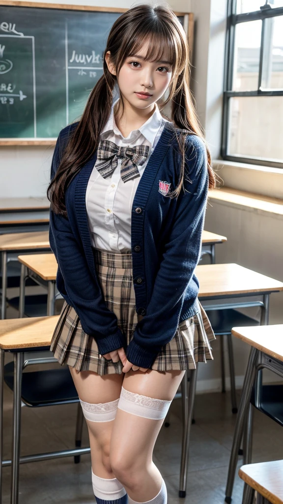 masterpiece, best quality, illustration, Super detailed, fine details, High resolution, 8K,wall paper, perfect dynamic composition,(Details High quality, realistic depiction of eyes:1.3), High School Classroom、High school girl uniform、Cardigan、Super Short Check Uniform Skirt、Navy blue high socks、garterbelts、Colossal tits、Disturbed uniform, ponytail, black hair color, Big Natural Color Lip, bold sexy pose, (perfect body shape), crying a little、Harajuku style、20 year old girl、cute type, beautiful legs, hposing Gravure Idol, Voluptuous thighs