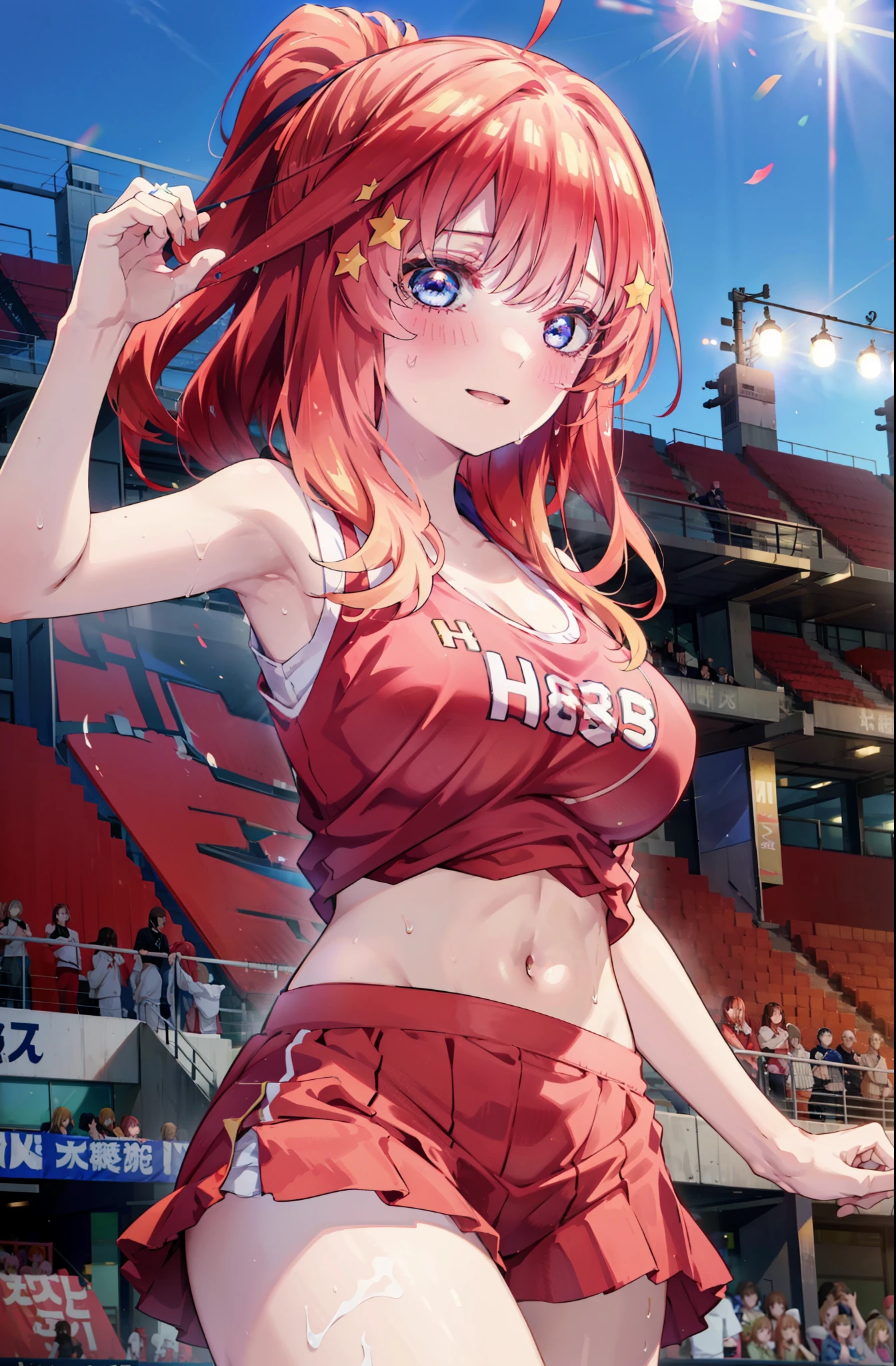 itsukinakano, Itsuki Nakano, bangs, blue eyes, hair between eyes, Ahoge, Redhead, star \(symbol\), happy smile, smile, Open your mouth,hair ornaments, star hair ornaments,(cheer leading), (whole body), Big Breasts, Lower, (Sweaty), Sweaty Wet Clothes (Red clothes), No sleeve,Belly button support, playground, (Jump), (Jump), 足を曲げてJumpする, air, blue sky, Grass原, smileのチアリーダー, Pom-pom \(cheer leading\), Grass, whole bodyがイラストに入るように,crowd, people々々,
break outdoors, Stadium,
break looking at viewer, whole body,
break (masterpiece:1.2), Highest quality, High resolution, unity 8k wallpaper, (shape:0.8), (Fine and beautiful eyes:1.6), Highly detailed face, Perfect lighting, Highly detailed CG, (Perfect hands, Perfect Anatomy),