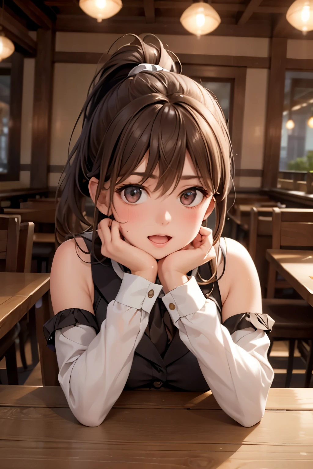 a girl with short ponytail laying in the table in a restaurant wearing formal suit, clear eye, perfect body, (look down at the viewer:0.8), (pureerosface_v1:0.2), detached sleeves, open mouth, bangs, 1girl, shiny skin, (masterpiece;1.0), (photorealistic:1.4), (sharp focus:1.2),