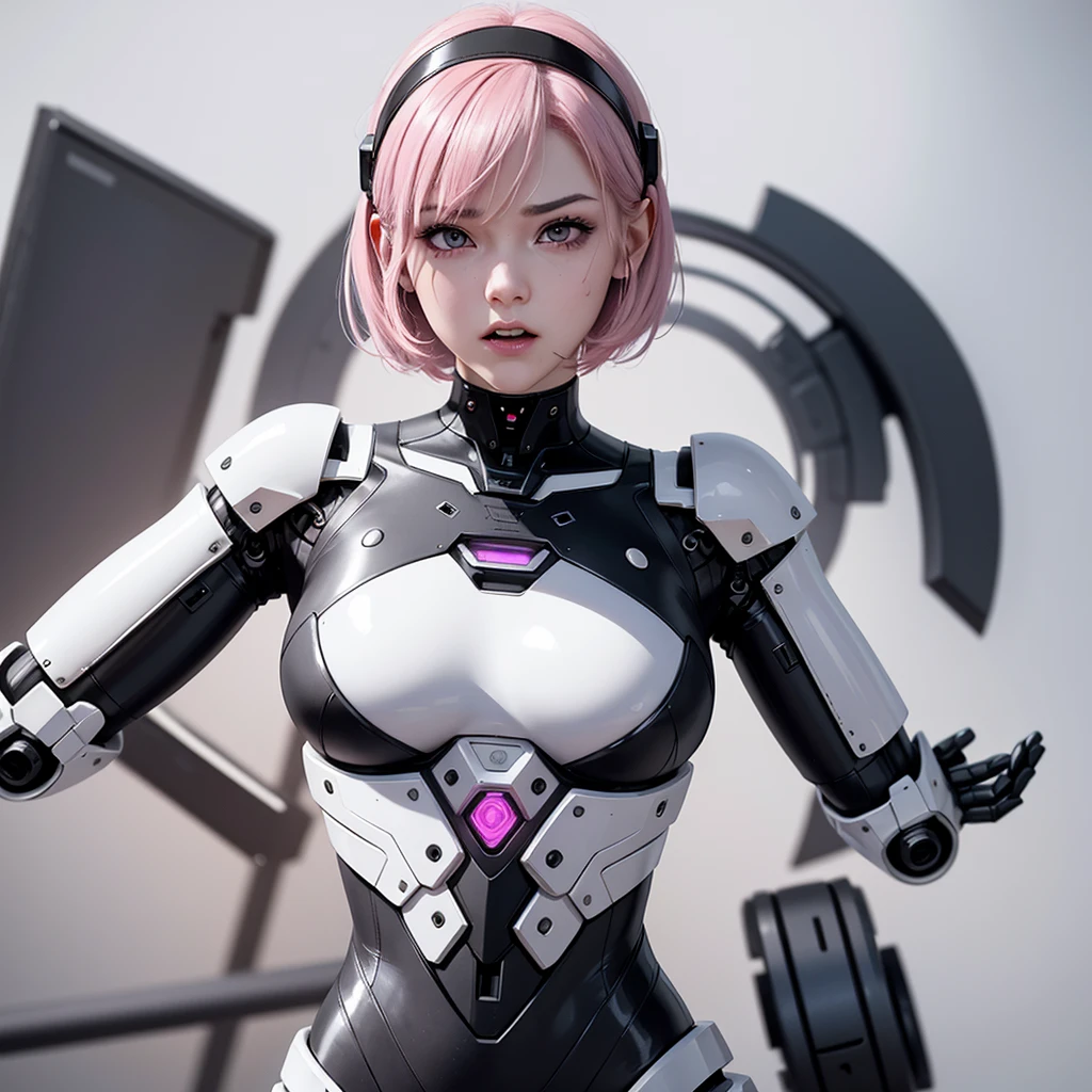 a girl with a robotic body, featuring intricate, high-tech components. She has short pink hair, purple eyes, and an angry expression. She wears a robot mask and a robotic headband that integrates seamlessly with her sleek, polished mechanical limbs and torso. The subtle lights and mechanical joints of her body emphasize the contrast between her human-like face and her synthetic parts. white steel masker, white headband, close up