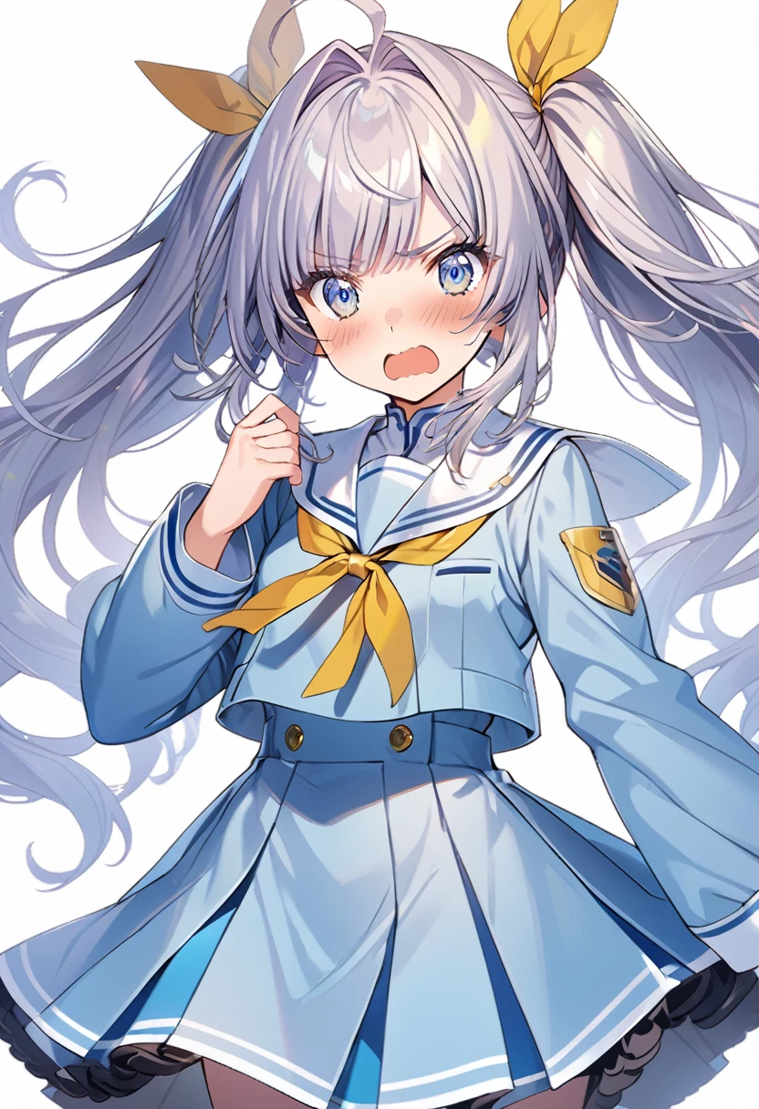 1girl, official art, white background, cowboy shot, Generate an anime-style girl with long, light blue hair styled in twin tails. Each twin tail is tied with a large yellow ribbon at the base of the hair. The ribbons are only on her hair and not on her uniform. She has blue eyes. Her expression is a bit embarrassed. The background should be simple and light-colored, long-sleeve, light blue sailor suit, 24 years old, no tail, no uniform ribbon, no background ribbon, hair intakes, long bangs, long sidelock