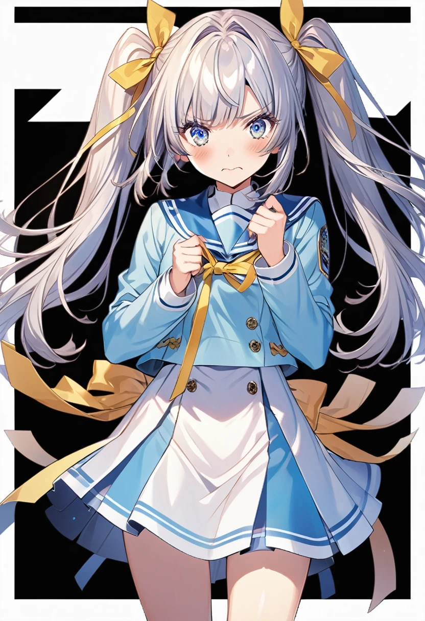 1girl, official art, white background, cowboy shot, Generate an anime-style girl with long, light blue hair styled in twin tails. Each twin tail is tied with a large yellow ribbon at the base of the hair. The ribbons are only on her hair and not on her uniform. She has blue eyes. Her expression is a bit embarrassed. The background should be simple and light-colored, long-sleeve, light blue sailor suit, 24 years old, no tail, no uniform ribbon, no background ribbon, hair intakes, long bangs, long sidelock