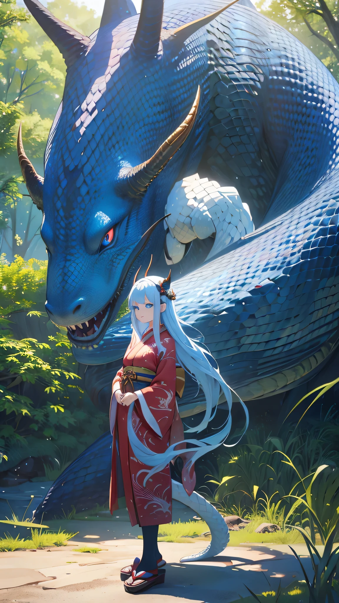 A beautiful young girl with dragon horns, blue eyes, wearing a traditional Japanese kimono, standing in front of a long snake-like dragon in the background, feeling the wind, (best quality,4k,8k,highres,masterpiece:1.2),ultra-detailed,(realistic,photorealistic,photo-realistic:1.37),anime style,full body shot,wide angle