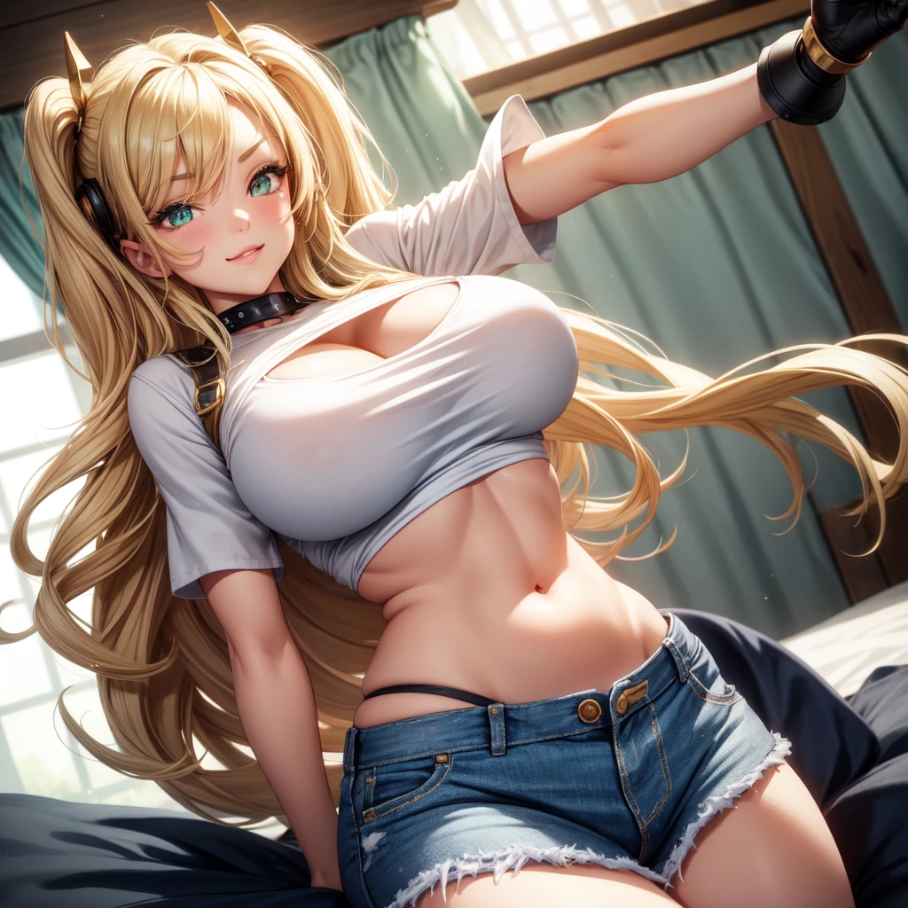One girl, solo, Big round breasts, clevage, curvy hips, realistic, blonde hair, light green eyes, amazing big eyes, eye details, eyebrow details, white crop top, denim skirt, big lips, blush, confident, dominant, bdsm, smirk, naughty, mischevious face, HD, good quality, crop top, curvy, bedroom setting,