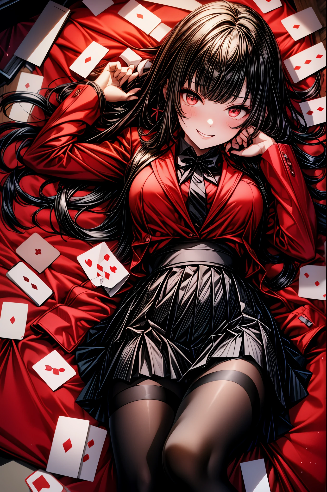 One girl, Long Hair, Blunt bangs, Red eyes, , Red jacket, Black Pantyhose, White shirt, Black Ribbon, Pleated skirt, Long sleeve,Happy,Happy face, Open your mouth,smile,Sexy face,(Blushed:1.3),Red face,breathe, heavy breathe,psycho smile,gone crazy,View your viewers,classroom,masterpiece,Highly detailed CG Unity 8k wallpaper, Highest quality,32K,Sharpen your focus,  Lie face up on the floor