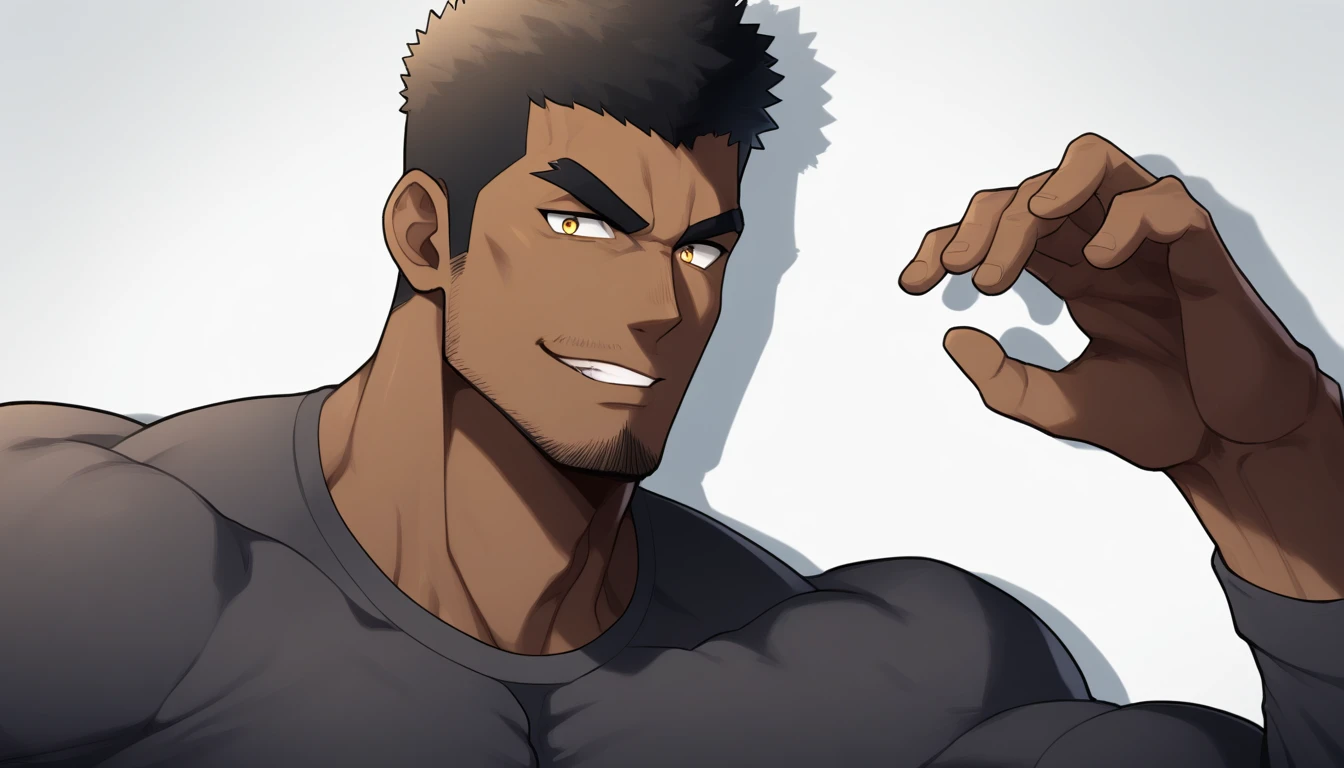 negro, negro, negro, anime characters：Gyee, Fitness coach, negro black skin, 1 muscular tough guy, Manliness, male focus, Dark grey long sleeve tights, Very tight, The pectoral muscles are oversized, Slightly transparent, muscular male, muscular, only, Upper body, alone, Black short hair, Thick eyebrows, stubble, Yellow eyes, White background, simple background, amazing quality, best aesthetics, Ridiculous, bright pupils, crew cut, parted lips, seductive smile, torogao, naughty face, drop shadow, best quality