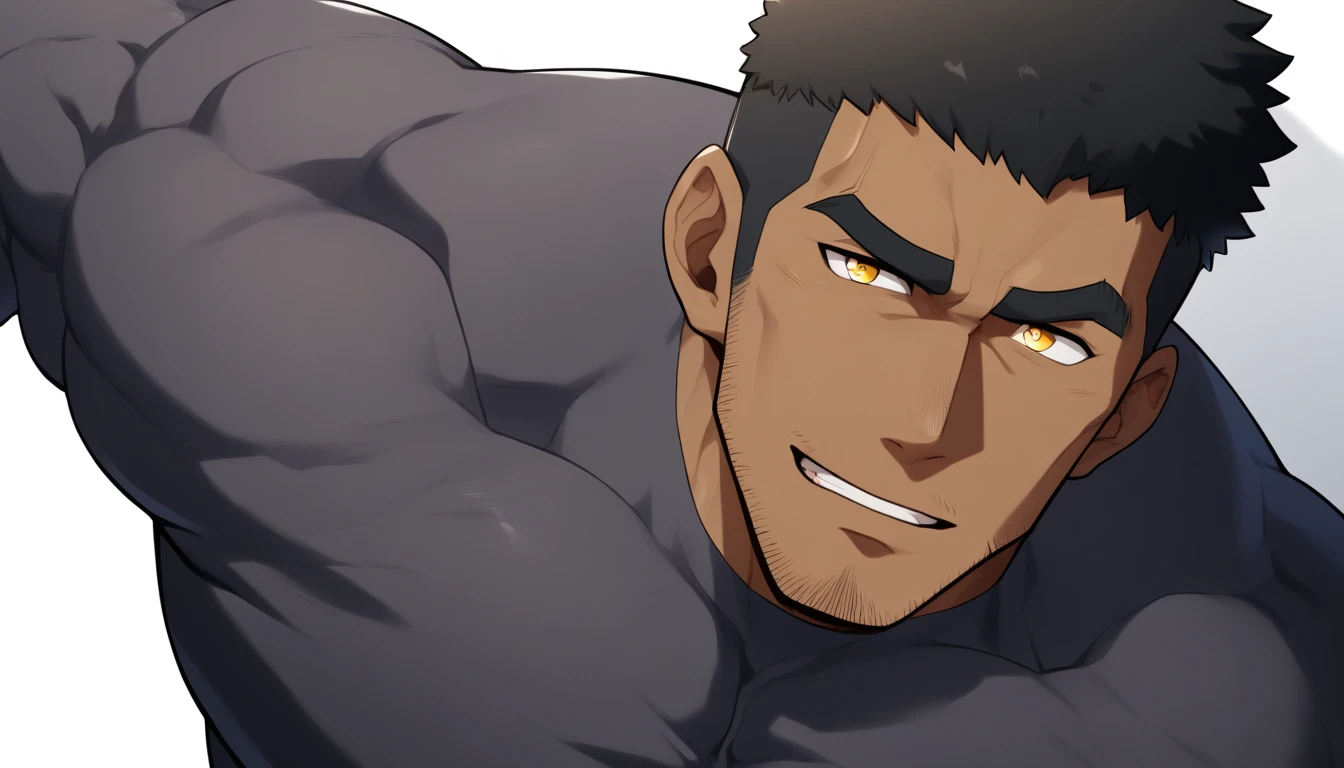 negro, negro, negro, anime characters：Gyee, Fitness coach, negro black skin, 1 muscular tough guy, Manliness, male focus, Dark grey long sleeve tights, Very tight, The pectoral muscles are oversized, Slightly transparent, muscular male, muscular, only, Upper body, alone, Black short hair, Thick eyebrows, stubble, Yellow eyes, White background, simple background, amazing quality, best aesthetics, Ridiculous, bright pupils, crew cut, parted lips, seductive smile, torogao, naughty face, drop shadow, best quality