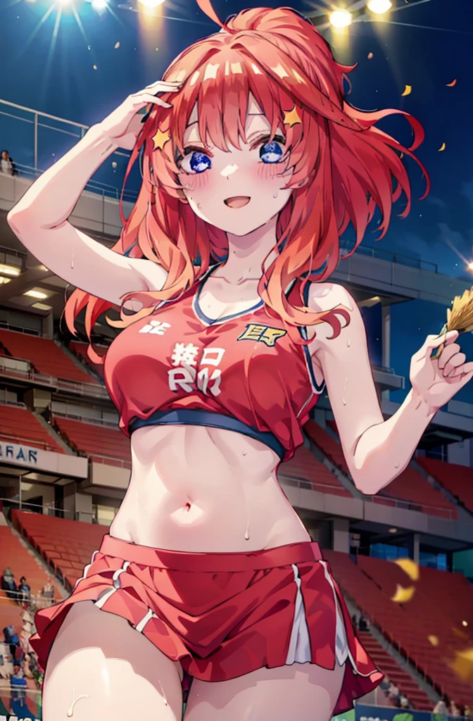 itsukinakano, Itsuki Nakano, bangs, blue eyes, hair between eyes, Ahoge, Redhead, star \(symbol\), happy smile, smile, Open your mouth,hair ornaments, star hair ornaments,(cheer leading), (whole body), Big Breasts, Lower, (Sweaty), Sweaty Wet Clothes (Red clothes), No sleeve,Belly button support, playground, (Jump), (Jump), 足を曲げてJumpする, air, blue sky, Grass原, smileのチアリーダー, Pom-pom \(cheer leading\), Grass, whole bodyがイラストに入るように,crowd, people々々,
break outdoors, Stadium,
break looking at viewer, whole body,
break (masterpiece:1.2), Highest quality, High resolution, unity 8k wallpaper, (shape:0.8), (Fine and beautiful eyes:1.6), Highly detailed face, Perfect lighting, Highly detailed CG, (Perfect hands, Perfect Anatomy),