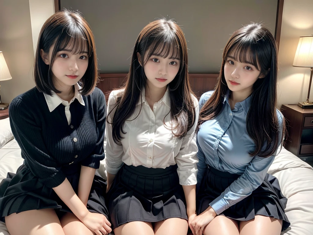 masterpiece, best quality, illustration, Super detailed, fine details, High resolution, 8K,wall paper, perfect dynamic composition,(Details High quality, realistic depiction of eyes:1.3), ((2 girls)),(collared shirt:1.1), pleated skirt, short bob hair、black hair color, Big Natural Color Lip, Play with each other,Touching each other's bodies,Touching the body of the girl next door,bold sexy pose, crying a little、20 year old girl、beautiful legs, hotel room, gravure idol, Voluptuous thighs, huge breasts