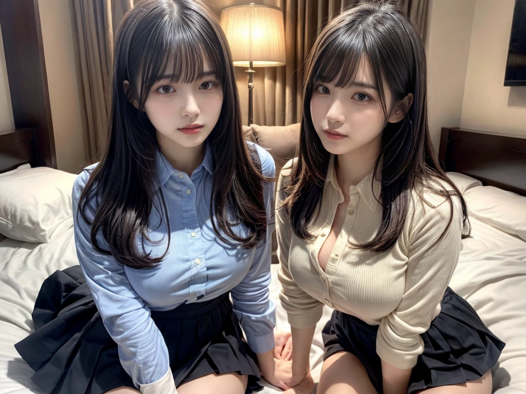 masterpiece, best quality, illustration, Super detailed, fine details, High resolution, 8K,wall paper, perfect dynamic composition,(Details High quality, realistic depiction of eyes:1.3), ((2 girls)),(collared shirt:1.1), pleated skirt, short bob hair、black hair color, Big Natural Color Lip, Play with each other,Touching each other's bodies,Touching the body of the girl next door,bold sexy pose, crying a little、20 year old girl、beautiful legs, hotel room, gravure idol, Voluptuous thighs, huge breasts
