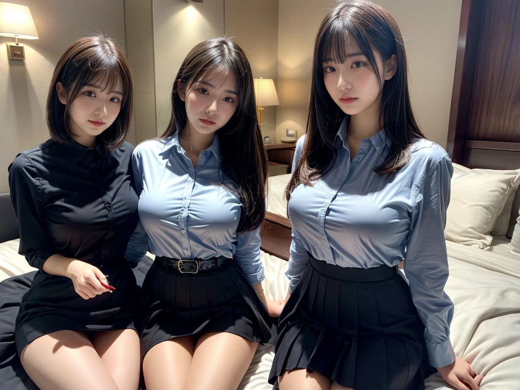 masterpiece, best quality, illustration, Super detailed, fine details, High resolution, 8K,wall paper, perfect dynamic composition,(Details High quality, realistic depiction of eyes:1.3), ((2 girls)),(collared shirt:1.1), pleated skirt, short bob hair、black hair color, Big Natural Color Lip, Play with each other,Touching each other's bodies,Touching the body of the girl next door,bold sexy pose, crying a little、20 year old girl、beautiful legs, hotel room, gravure idol, Voluptuous thighs, huge breasts