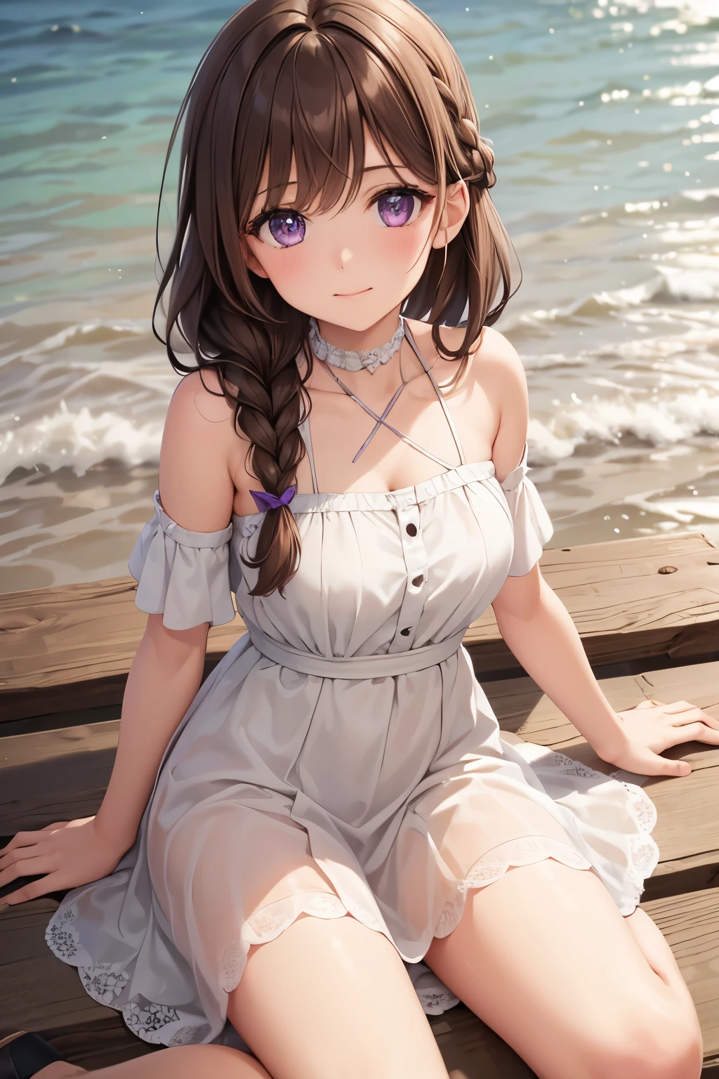 1girl,highres,  high quality,  masterpiece, mxmkWhiteDress,  bare shoulder, purple eyes, white dress, braid, chocker, beach