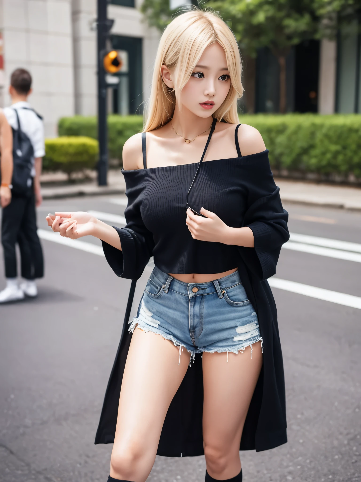 NSFW,Blonde busty girl,Cleavage,Off-the-shoulder shirt,cropped,Shorts,Knee-high socks,Embarrassed,blush,(Perfect hands),(Perfect Anatomy),(masterpiece),(Highest quality),bustling street