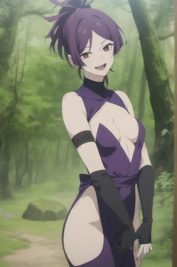 ((masterpiece)), ultra detailed background, delicate pattern, intricate detail, forest, highly detailed, best quality, 1girl,yuzuriha, japanese_clothes, ninja, 1girl, solo, breasts,cleavage, hellsparadise style,  purple hair, small breasts, smile,  slim,  open mouth, red eyes, cowboy shot, 