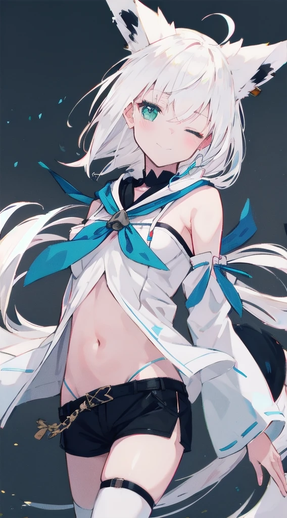 2D, HD, top-quality, Highly detailed, masterpiece, best quality, 1girl, anime style, highly detailed background, perfect lighting, solo, fubuki1, standing, navel, :dshorts, one eye closed, single thighhigh, white hoodie, light smile, arms behind back, detached sleeves, fox ears, Nagishiro Mito, upper body, shiny skin