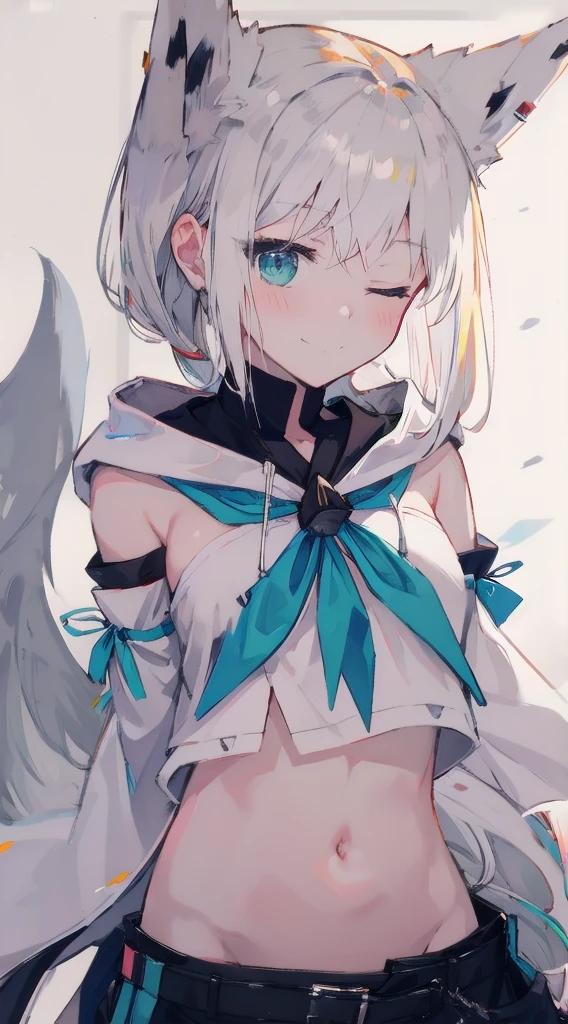 2D, HD, top-quality, Highly detailed, masterpiece, best quality, 1girl, anime style, highly detailed background, perfect lighting, solo, fubuki1, standing, navel, :dshorts, one eye closed, single thighhigh, white hoodie, light smile, arms behind back, detached sleeves, fox ears, Nagishiro Mito, upper body, shiny skin