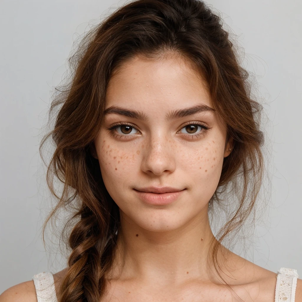 Latin woman, white, round face with freckles, long light hair, 20 years old, slim, drinking coffee
