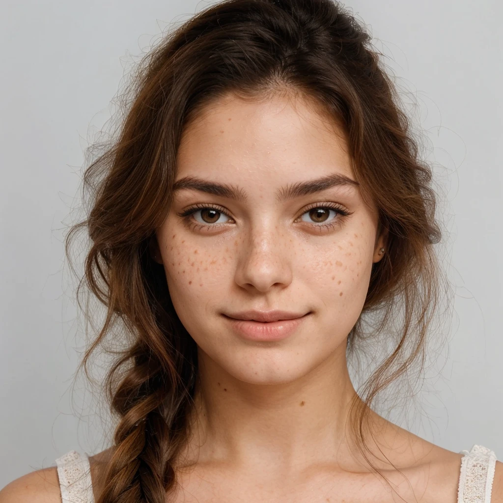 Latin woman, white, round face with freckles, long light hair, 20 years old, slim, drinking coffee