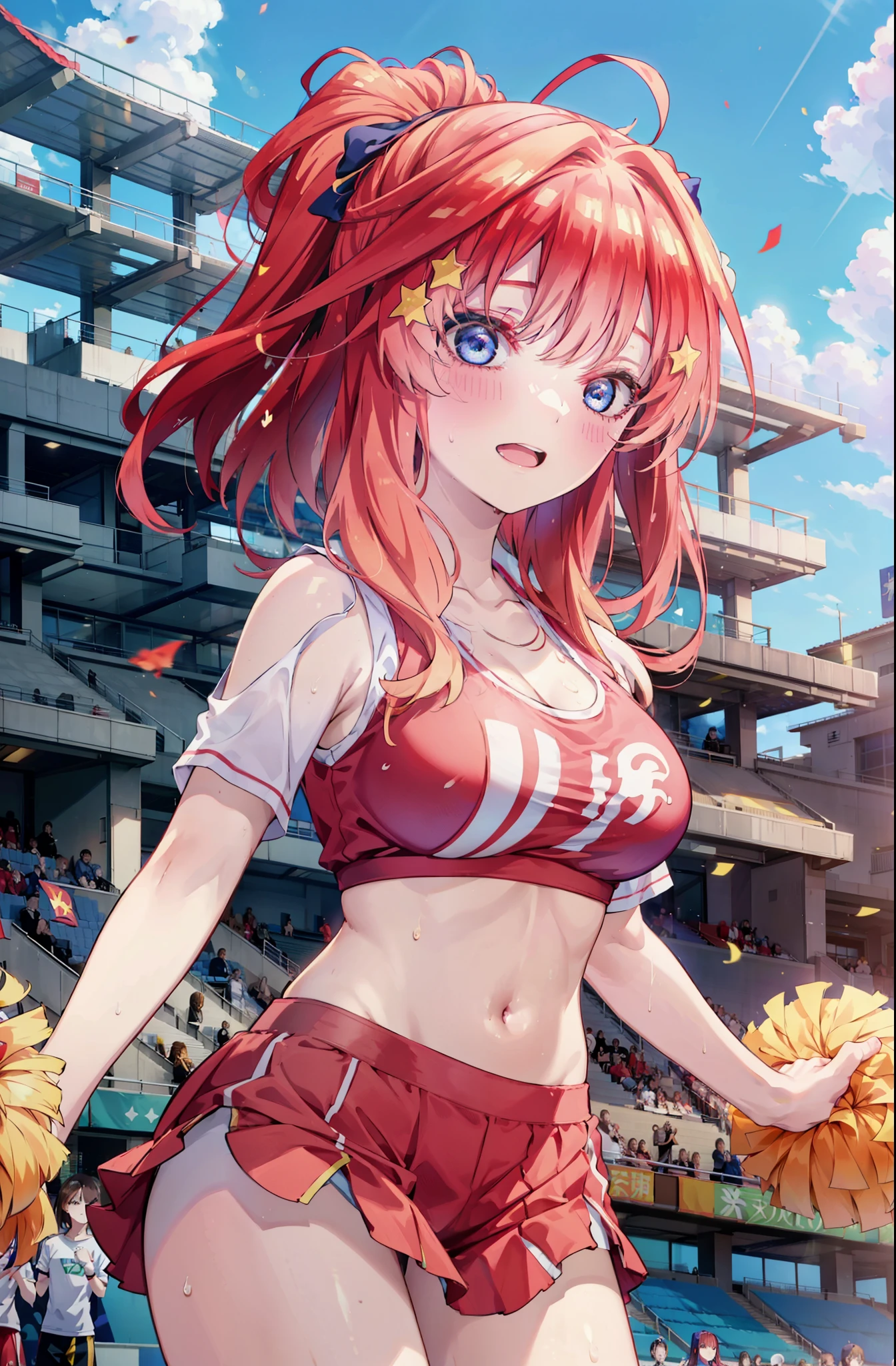 itsukinakano, Itsuki Nakano, bangs, blue eyes, hair between eyes, Ahoge, Redhead, star \(symbol\), happy smile, smile, Open your mouth,hair ornaments, star hair ornaments,(cheer leading), (whole body), Big Breasts, Lower, (Sweaty), Sweaty Wet Clothes (Red clothes),  No sleeve,Belly button support, playground, (Jump), (Jump), 足を曲げてJumpする, air, blue sky, Grass原, smileのチアリーダー, Pom-pom \(cheer leading\), Grass, whole bodyがイラストに入るように,crowd, people々々,
break outdoors, Stadium,
break looking at viewer, whole body,
break (masterpiece:1.2), Highest quality, High resolution, unity 8k wallpaper, (shape:0.8), (Fine and beautiful eyes:1.6), Highly detailed face, Perfect lighting, Highly detailed CG, (Perfect hands, Perfect Anatomy),