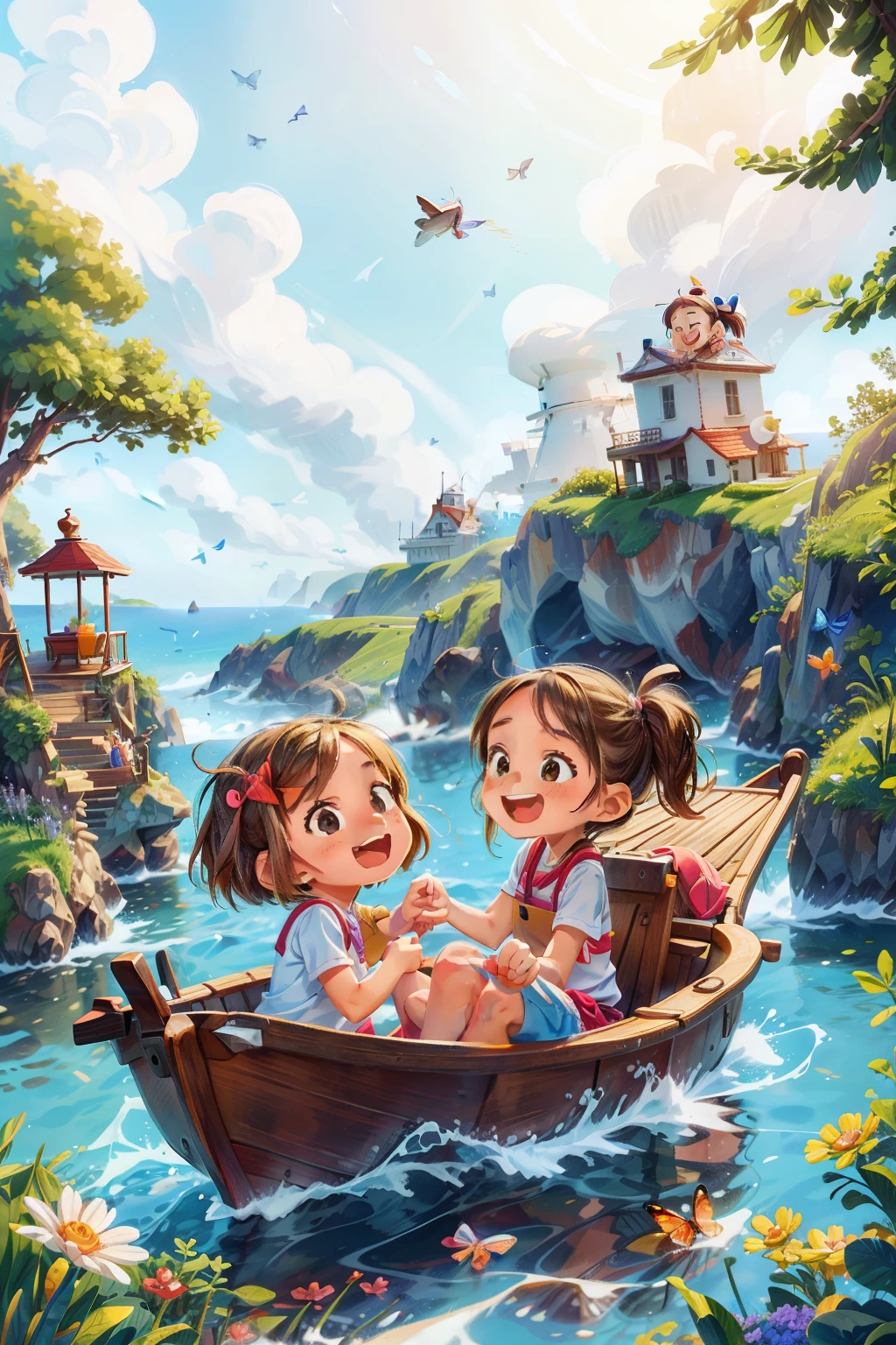 Generates an image of two happy  very young girls sailing on a boat, waves, sea, sky with white clouds. colorful butterflies, lighthouse in the background,