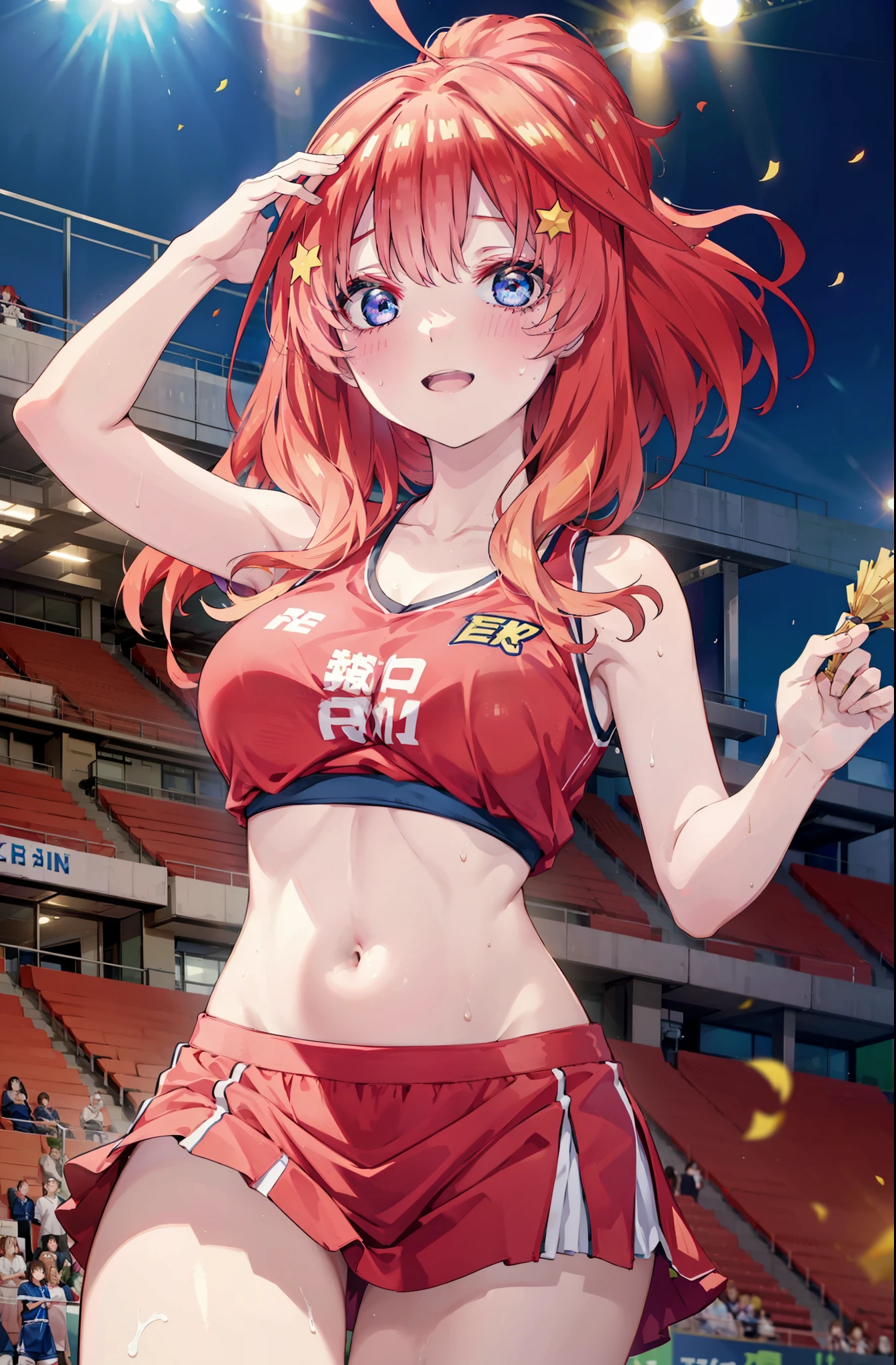 itsukinakano, Itsuki Nakano, bangs, blue eyes, hair between eyes, Ahoge, Redhead, star \(symbol\), happy smile, smile, Open your mouth,hair ornaments, star hair ornaments,(cheer leading), (whole body), Big Breasts, Lower, (Sweaty), Sweaty Wet Clothes (Red clothes),  No sleeve,Belly button support, playground, (Jump), (Jump), 足を曲げてJumpする, air, blue sky, Grass原, smileのチアリーダー, Pom-pom \(cheer leading\), Grass, whole bodyがイラストに入るように,crowd, people々々,
break outdoors, Stadium,
break looking at viewer, whole body,
break (masterpiece:1.2), Highest quality, High resolution, unity 8k wallpaper, (shape:0.8), (Fine and beautiful eyes:1.6), Highly detailed face, Perfect lighting, Highly detailed CG, (Perfect hands, Perfect Anatomy),