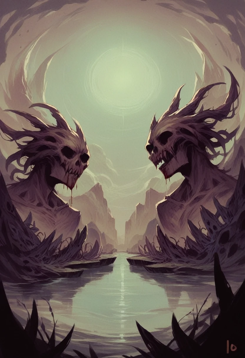 Foggy valley under moonlight with several skulls scattered across a river of blood.