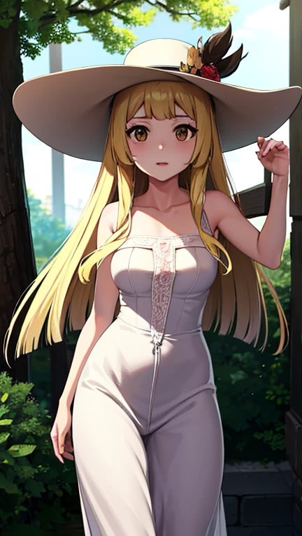 masterpiece, Highest quality, High resolution，Follow the prompts、Anime Style、One Girl、Lady、Long blonde、Pale brown eyes、白色のLadyドレス、Wide-brimmed hat