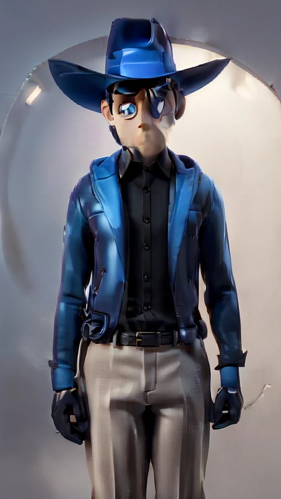 The character in question is represented by a look that mixes mystery and sophistication., standing out for his formal attire and wide-brimmed hat. Furthermore, its futuristic and technological aura is highlighted by bright blue details, giving it a unique and enigmatic atmosphere that will be explored throughout this study.
