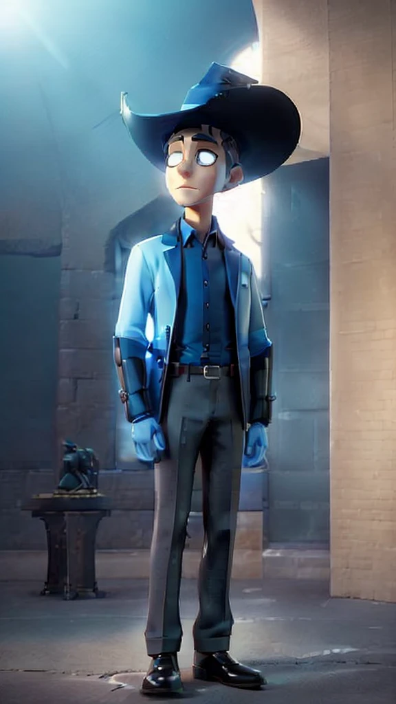 The character in question is represented by a look that mixes mystery and sophistication., standing out for his formal attire and wide-brimmed hat. Furthermore, its futuristic and technological aura is highlighted by bright blue details, giving it a unique and enigmatic atmosphere that will be explored throughout this study.