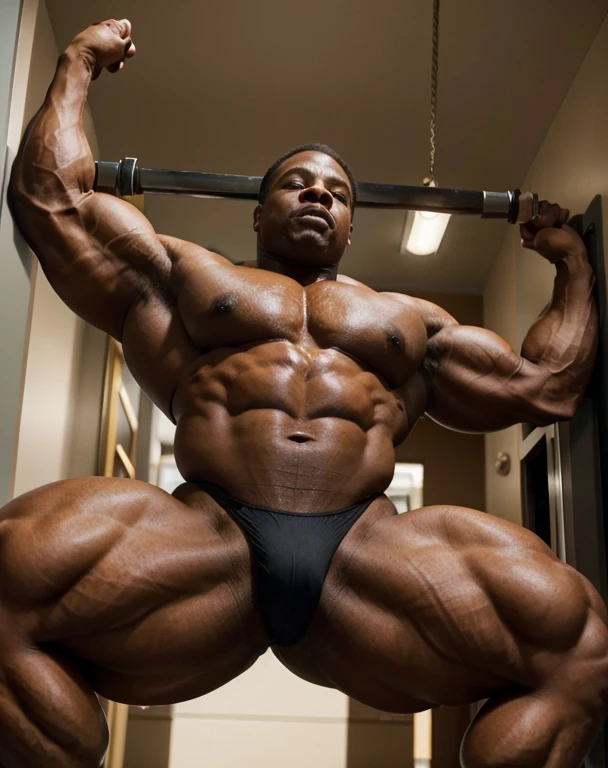 ((powerful black bodybuilder, as Kai Greene)), ((aged 55 years old)), ((exaggerated muscular thick body physique and pumpes veins and a nice big bulge)) clad in (( bodybuilder thong)) exuding confidence as he strikes a astonishing pose lied in a sumptuous trone. ((His body is really trully oustrageous muscled)). His remarkable physique add to his commanding presence. ((Captured in stunning 4K detail)), this scene showcases his awe-inspiring physique with precision and dynamism, emphasizing the highlighting and shadows, vitality, and energy of his physique.