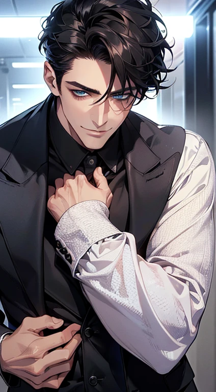 (best quality, masterpiece, 8K, photorealistic, cinematic lighting, 1:4 hdr image, ultra detailed, beautiful image), a mature man, 25 years very handsome, ((cold expression smile in love)), short black hair, blue eyes, face perfect without mistakes, ((buttoning his jacket, CEO)), smile.