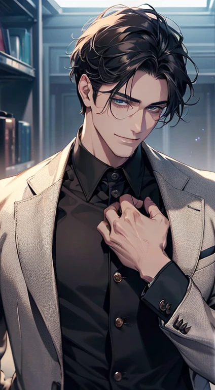 (best quality, masterpiece, 8K, photorealistic, cinematic lighting, 1:4 hdr image, ultra detailed, beautiful image), a mature man, 25 years very handsome, ((cold expression smile in love)), short black hair, blue eyes, face perfect without mistakes, ((buttoning his jacket, CEO)), smile.