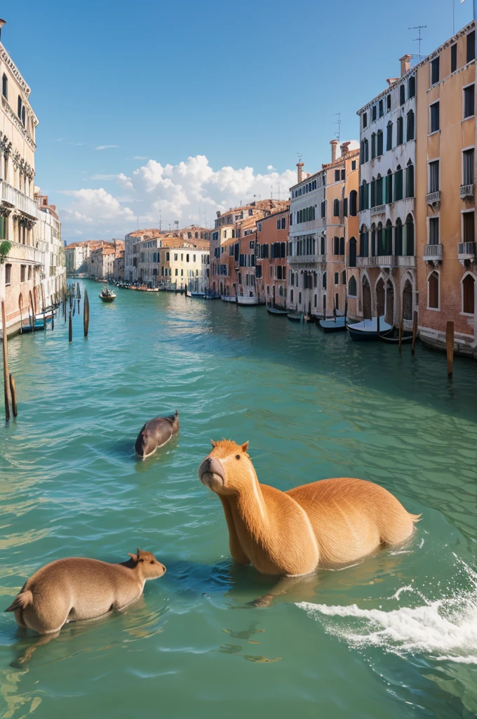A landscape of Venice with water has a capybara swimming in the water