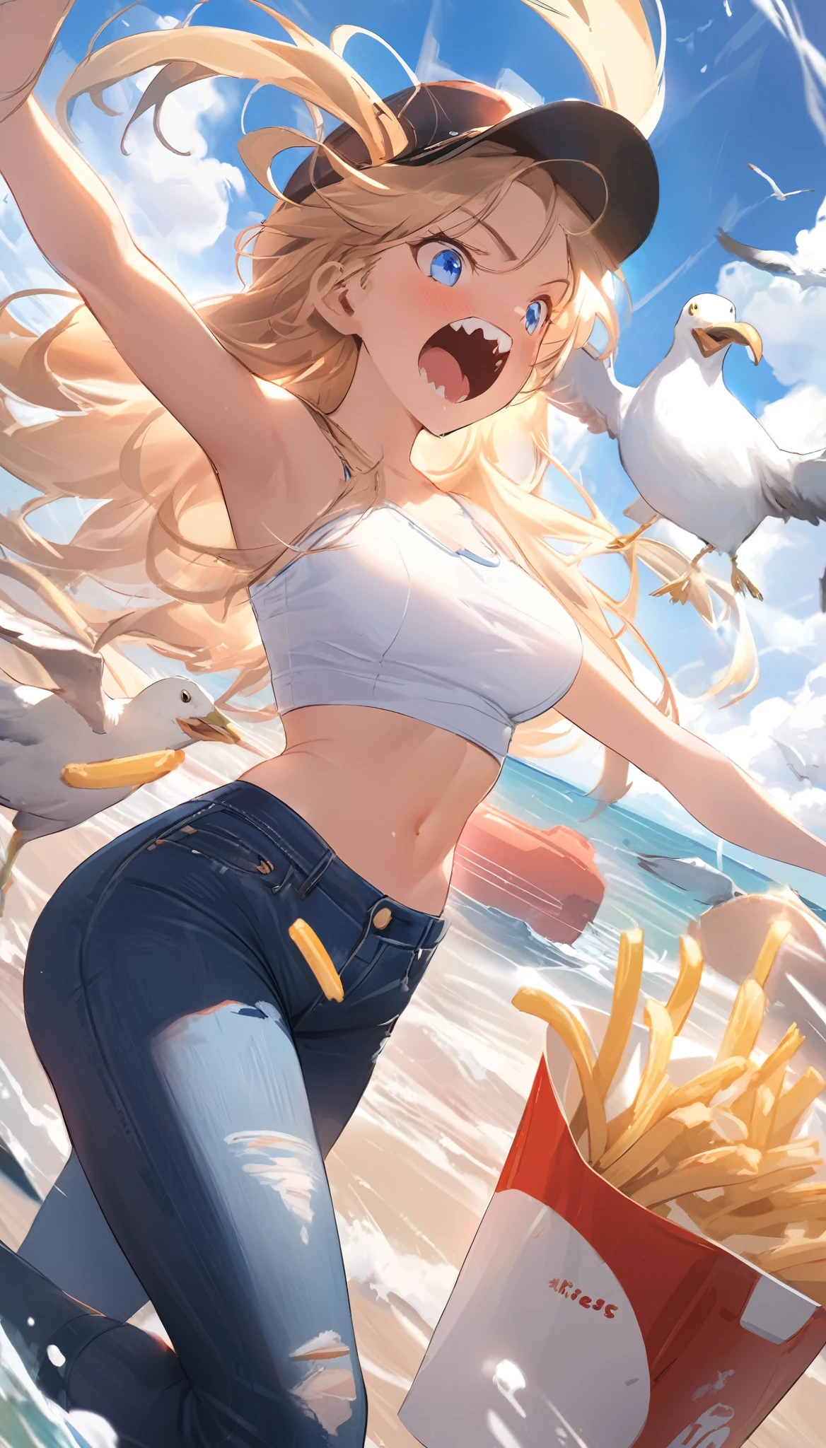 1female\(beautiful,breast,angry,mad,blonde,long hair,floating hair,big eyes,beautiful eyes, cap,white tube top, jeans, sneakers,dynamic pose,sharp teeth,open mouth,abs\) is grabbing and throwing (so many French fries:1.3) at (many seagulls) with great force and seagulls are running away desperately but (some French fries are stuck in seagull's bodies), background\(beautiful shining sea, beautiful blue sky, beautiful seaside town, boats\), BREAK ,quality\(8k,wallpaper of extremely detailed CG unit, ​masterpiece,hight resolution,top-quality,top-quality real texture skin,hyper realisitic,increase the resolution,RAW photos,best qualtiy,highly detailed,the wallpaper,cinematic lighting,ray trace,golden ratio\),(dynamic angle:1.5),[nsfw:2.0]