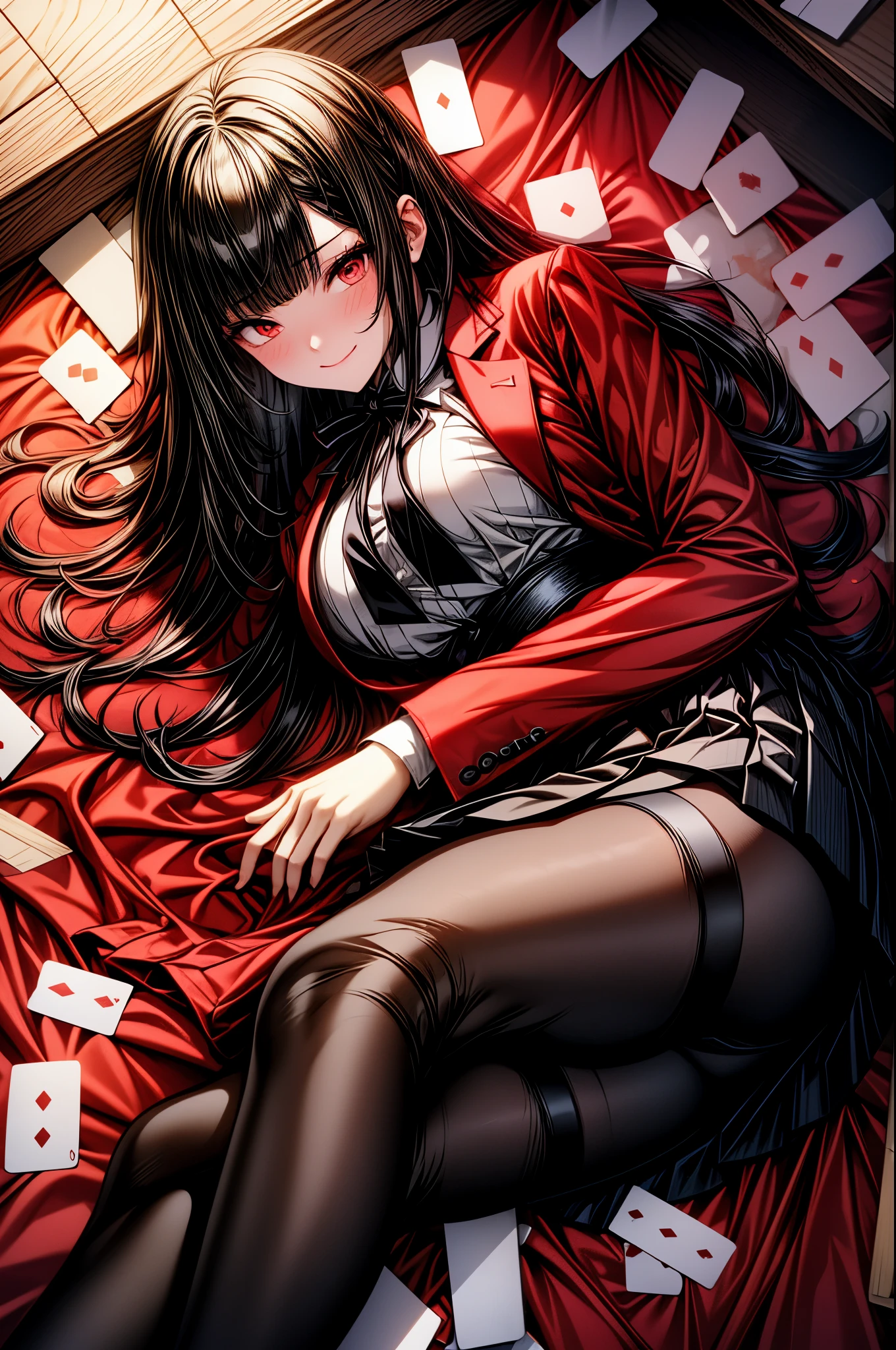 One girl, Long Hair, Blunt bangs, Red eyes, , Red jacket, Black Pantyhose, White shirt, Black Ribbon, Pleated skirt, Long sleeve,Happy,Happy face, Open your mouth,smile,Sexy face,(Blushed:1.3),Red face,breathe, heavy breathe,psycho smile,gone crazy,View your viewers,classroom,masterpiece,Highly detailed CG Unity 8k wallpaper, Highest quality,32K,Sharpen your focus, Lie face up on the floor