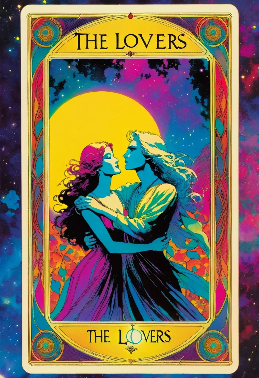 tarot card, a card, card : "THE LOVERS", tarot card frame,vivid colors (art inspired by Bill Sienkiewicz). text: THE LOVERS