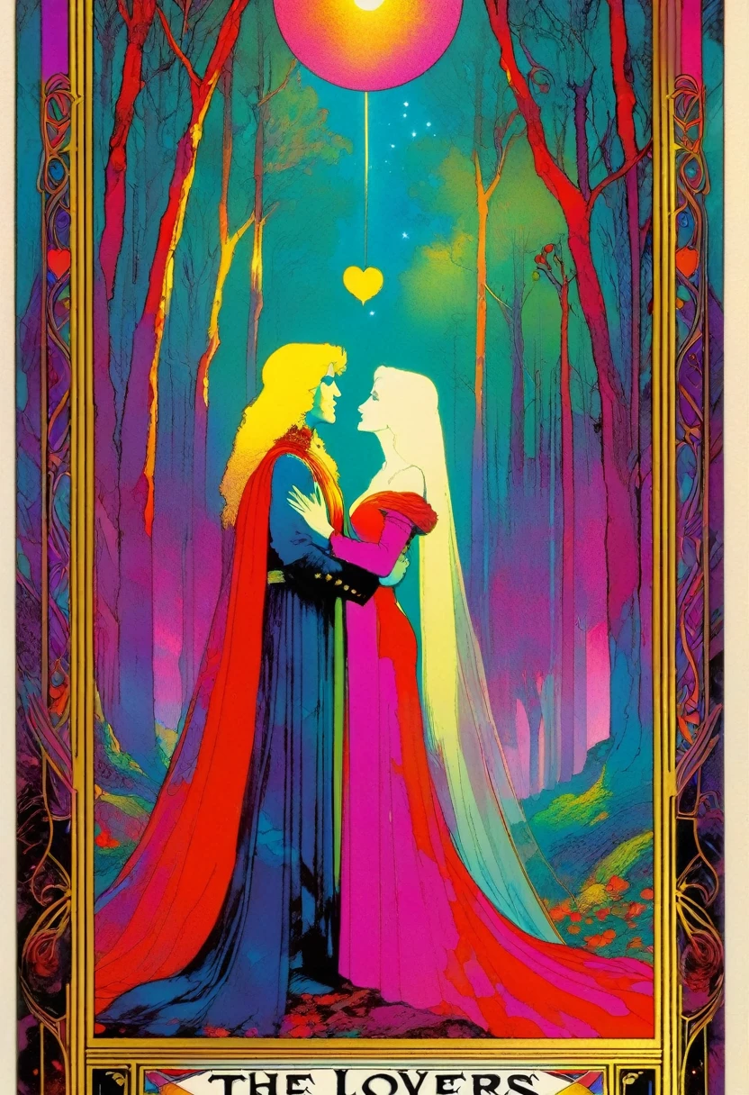 tarot card, a card, card : "THE LOVERS", tarot card frame,vivid colors (art inspired by Bill Sienkiewicz). text: THE LOVERS
