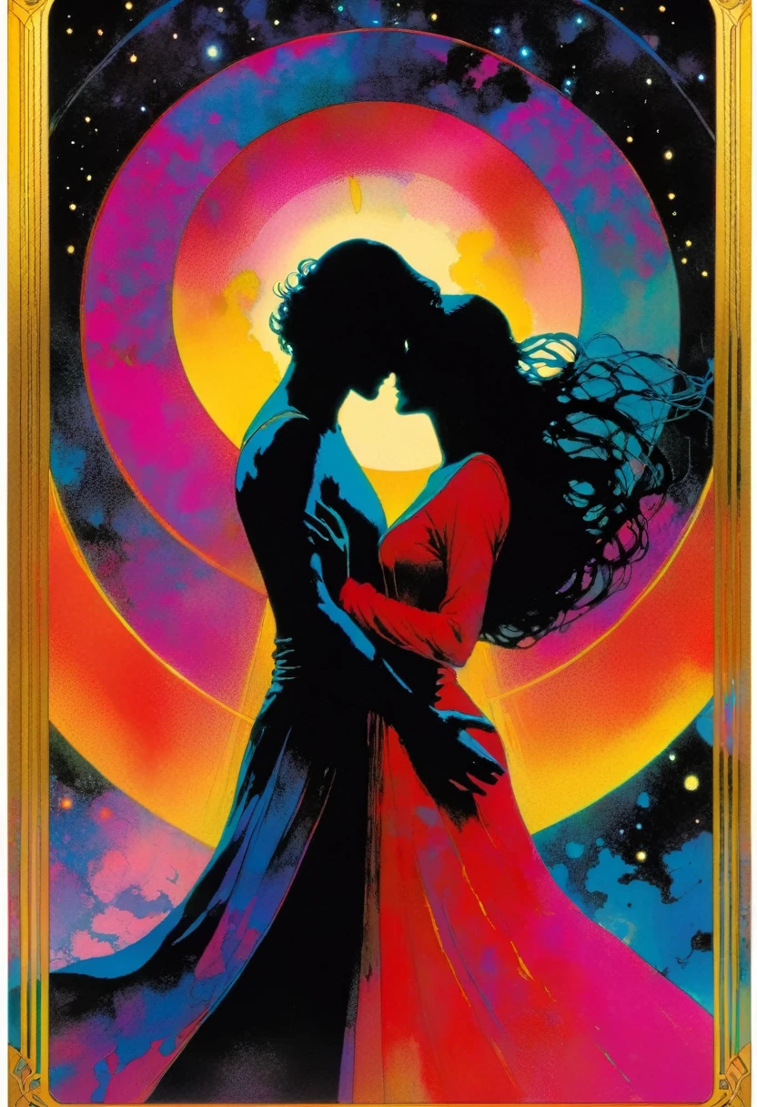 tarot card, a card, card : "THE LOVERS", tarot card frame,vivid colors (art inspired by Bill Sienkiewicz). text: THE LOVERS
